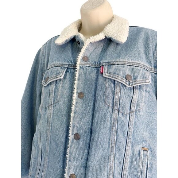 Levi's Women's Sz M Sherpa Lined Cropped Denim Trucker Jacket - Picture 3 of 13